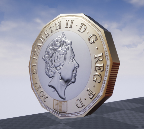 Pound coin low-poly 3D model, rendered in UE4